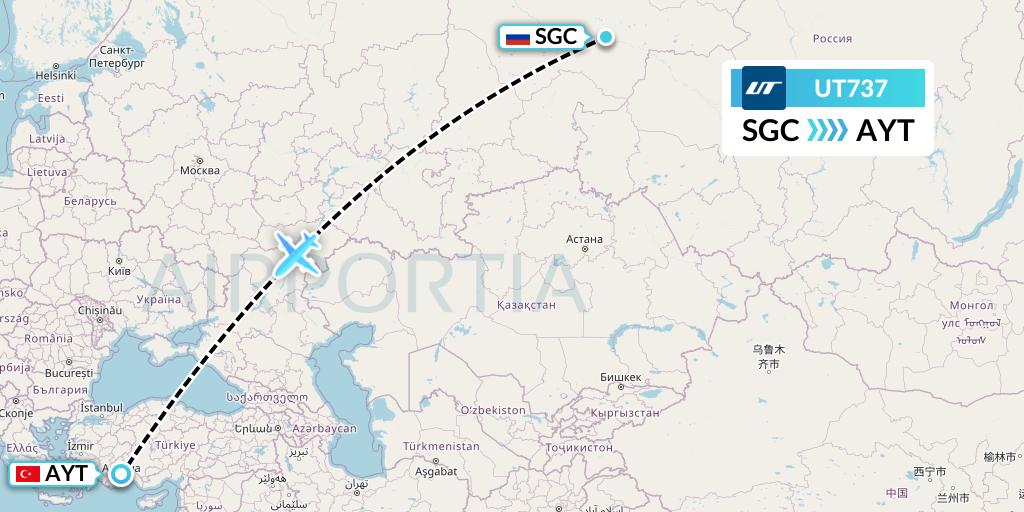 UT737 UTair Flight Map: Surgut to Antalya