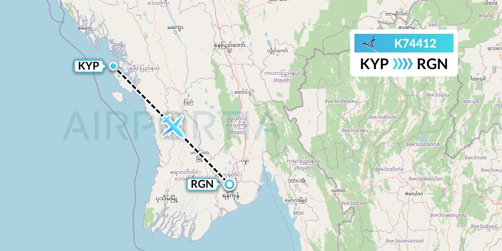 K74412 Air KBZ Flight Map: Kyaukpyu to Yangon