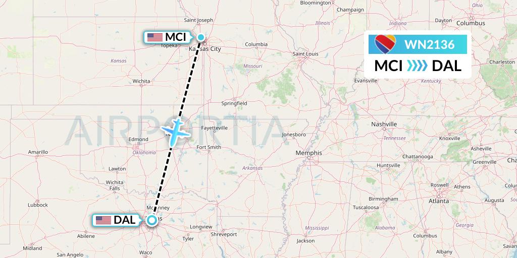 WN2136 Southwest Airlines Flight Map: Kansas City to Dallas