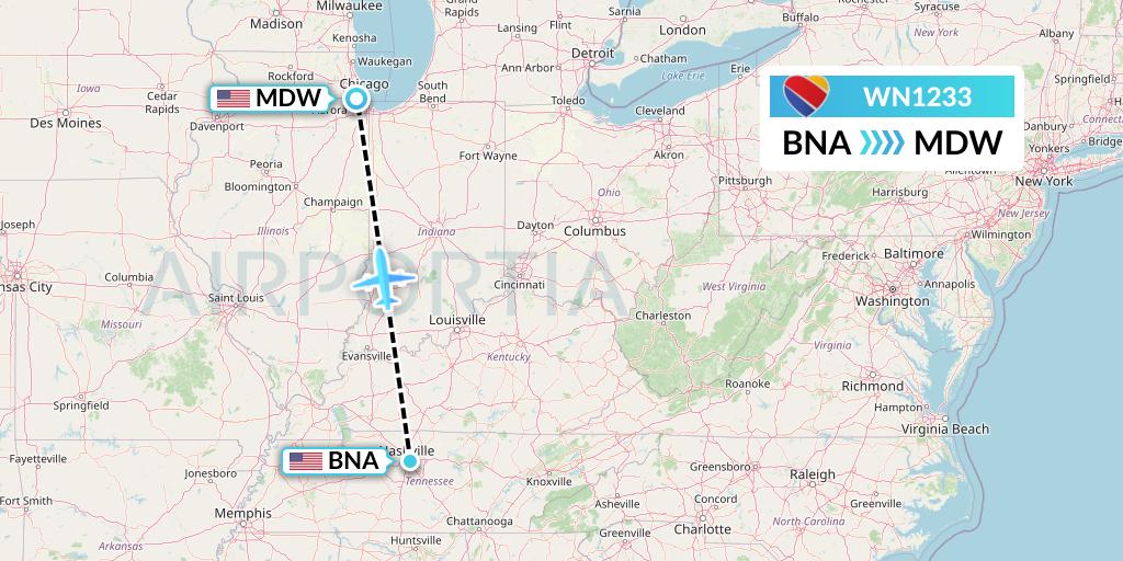 WN1233 Southwest Airlines Flight Map: Nashville to Chicago