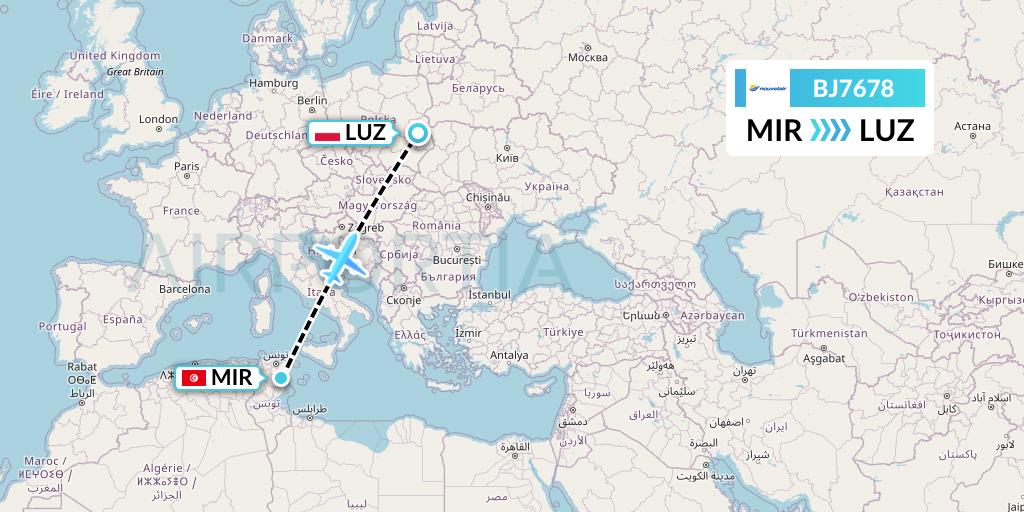 BJ7678 Nouvelair Tunisie Flight Map: Monastir to Lublin