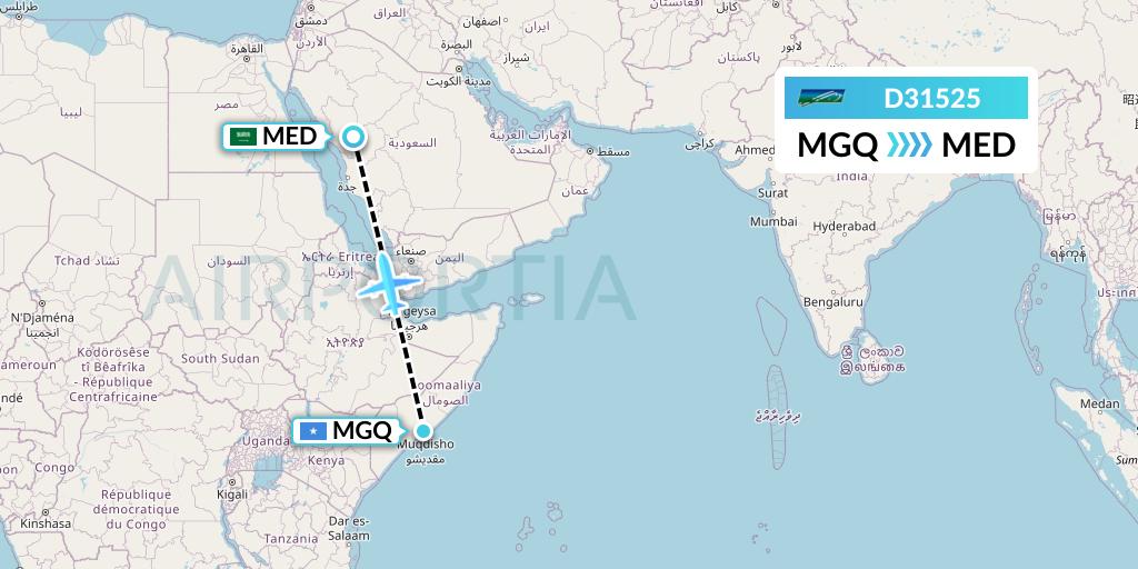 D31525 Daallo Airlines Flight Map: Mogadishu to Medina