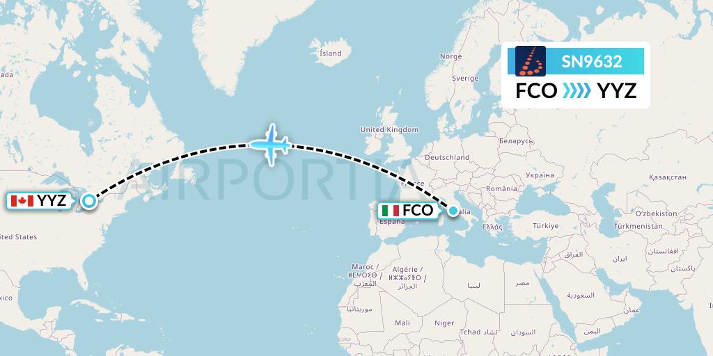 SN9632 Brussels Airlines Flight Map: Rome to Toronto