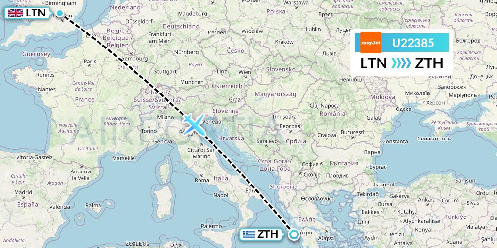 U22385 EasyJet Flight Map: London to Zakynthos