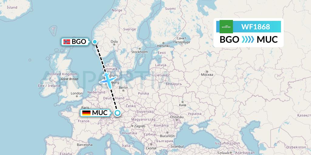 WF1868 Wideroe Flight Map: Bergen to Munich