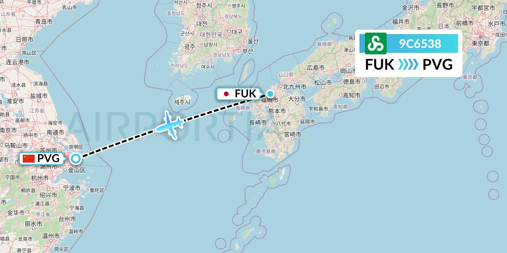 9C6538 Spring Airlines Flight Map: Fukuoka to Shanghai