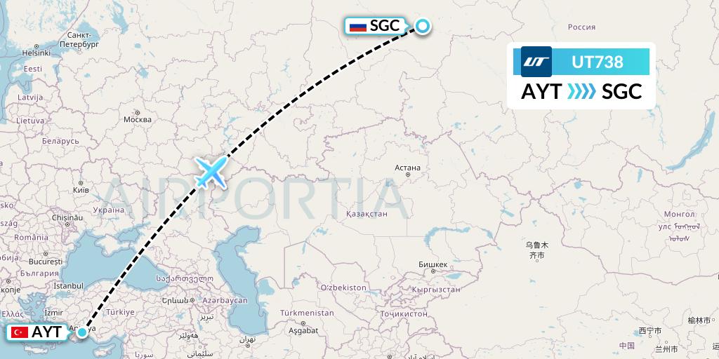 UT738 UTair Flight Map: Antalya to Surgut