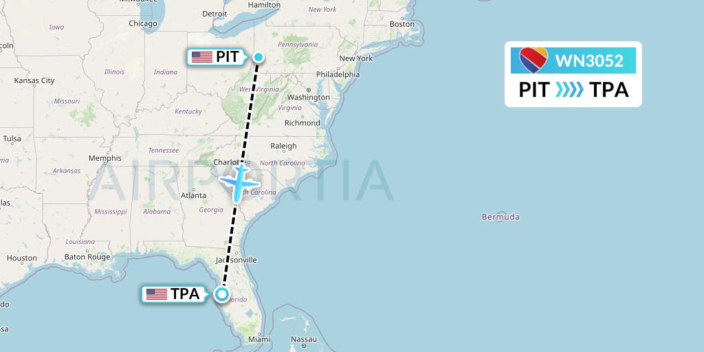 WN3052 Southwest Airlines Flight Map: Pittsburgh to Tampa