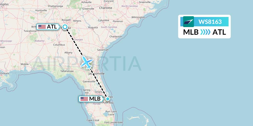 WS8163 WestJet Flight Map: Melbourne to Atlanta