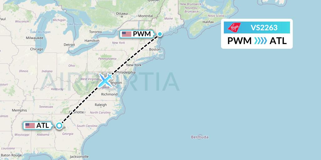 VS2263 Virgin Atlantic Airways Flight Map: Portland to Atlanta