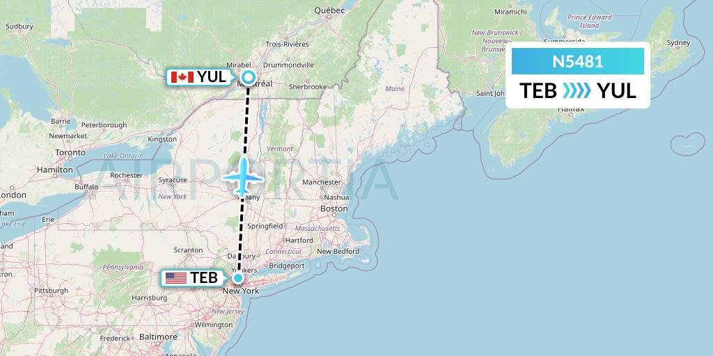 N5481 Nolinor Aviation Flight Map: Teterboro to Montreal