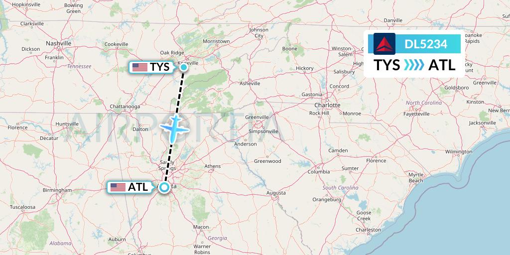DL5234 Delta Air Lines Flight Map: Knoxville to Atlanta