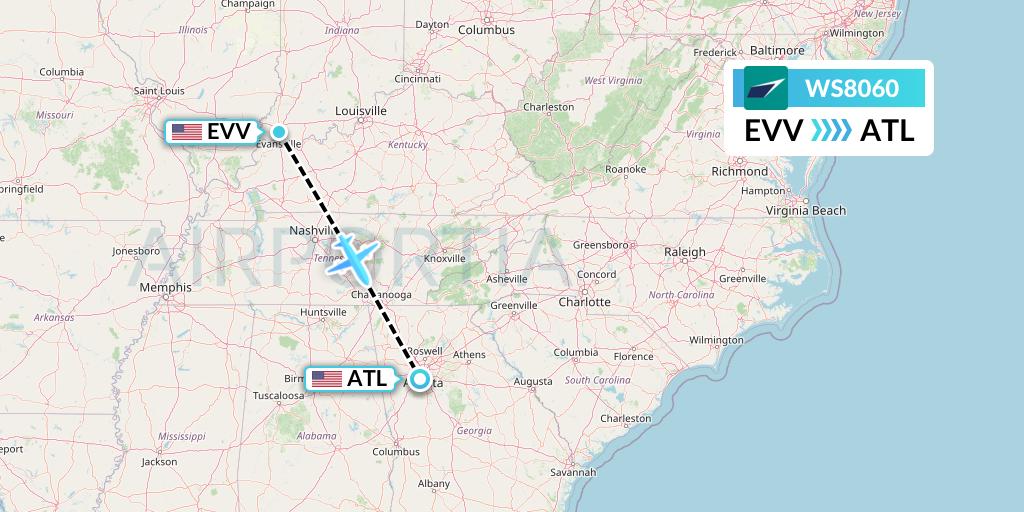 WS8060 WestJet Flight Map: Evansville to Atlanta