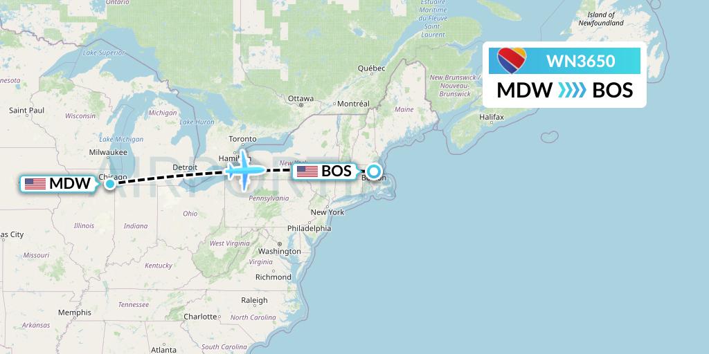 WN3650 Southwest Airlines Flight Map: Chicago to Boston