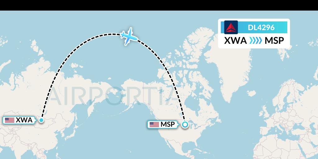 DL4296 Delta Air Lines Flight Map: Williston to Minneapolis