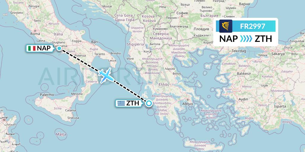 FR2997 Ryanair Flight Map: Naples to Zakynthos