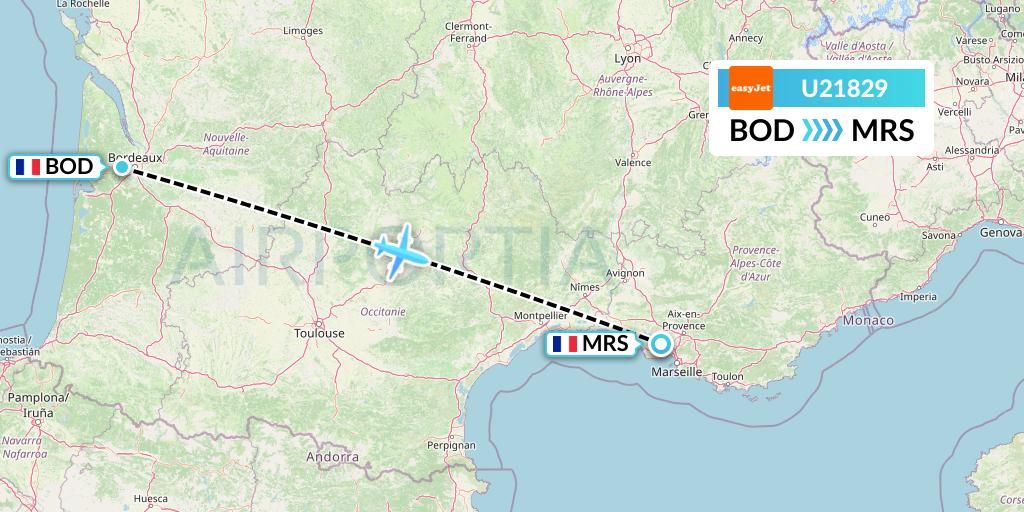 U21829 EasyJet Flight Map: Bordeaux to Marseille