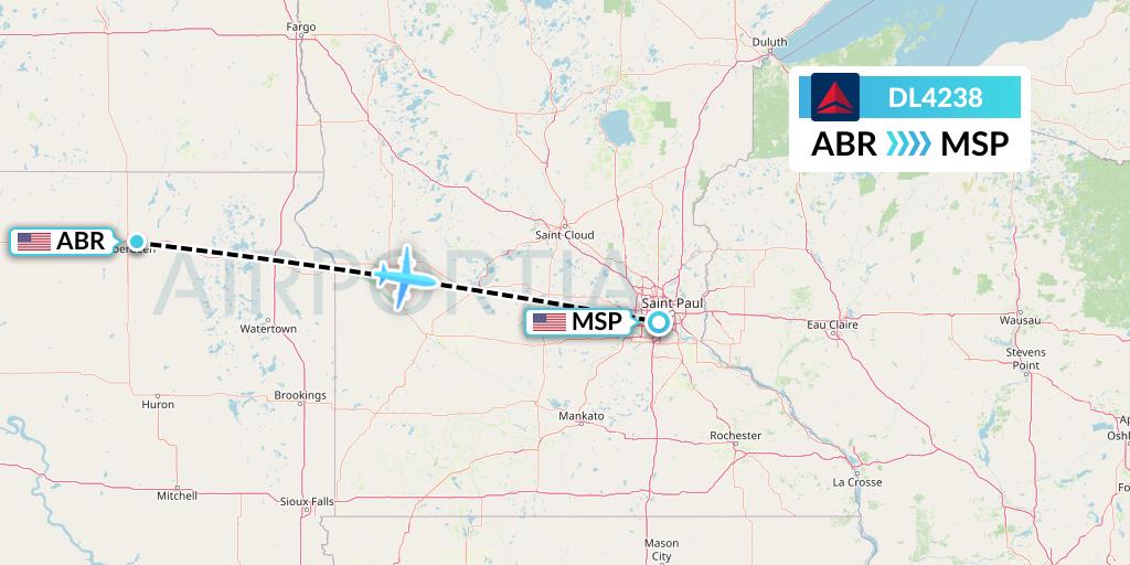 DL4238 Delta Air Lines Flight Map: Aberdeen to Minneapolis