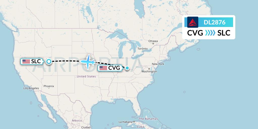 DL2876 Delta Air Lines Flight Map: Cincinnati to Salt Lake City