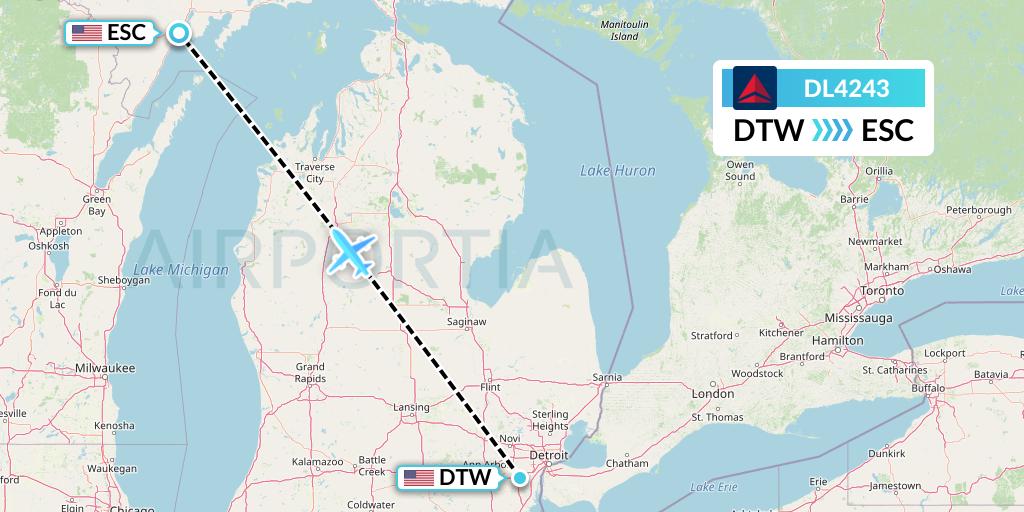 DL4243 Delta Air Lines Flight Map: Detroit to Escanaba