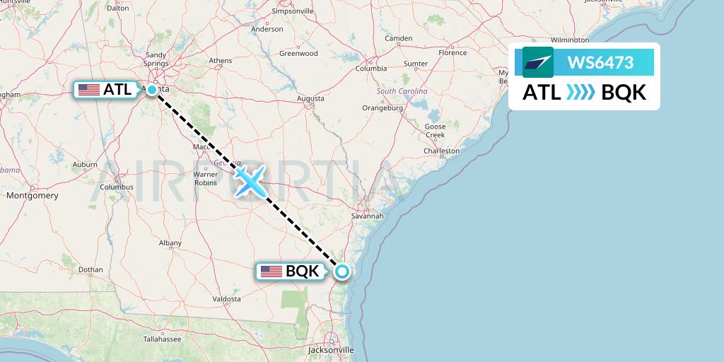 WS6473 WestJet Flight Map: Atlanta to Brunswick