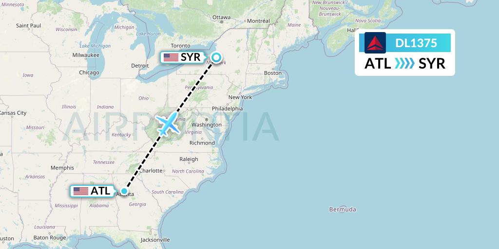 DL1375 Delta Air Lines Flight Map: Atlanta to Syracuse