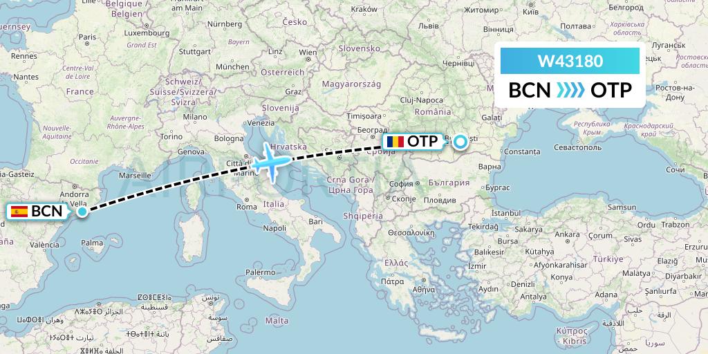 W43180 Wizz Air Malta Flight Map: Barcelona to Bucharest
