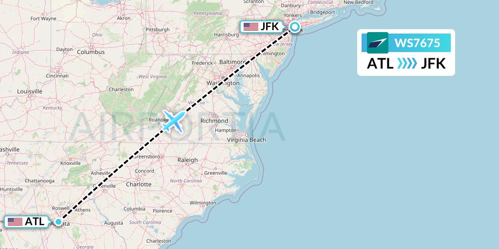 WS7675 WestJet Flight Map: Atlanta to New York
