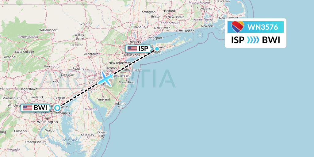 WN3576 Southwest Airlines Flight Map: Islip to Baltimore