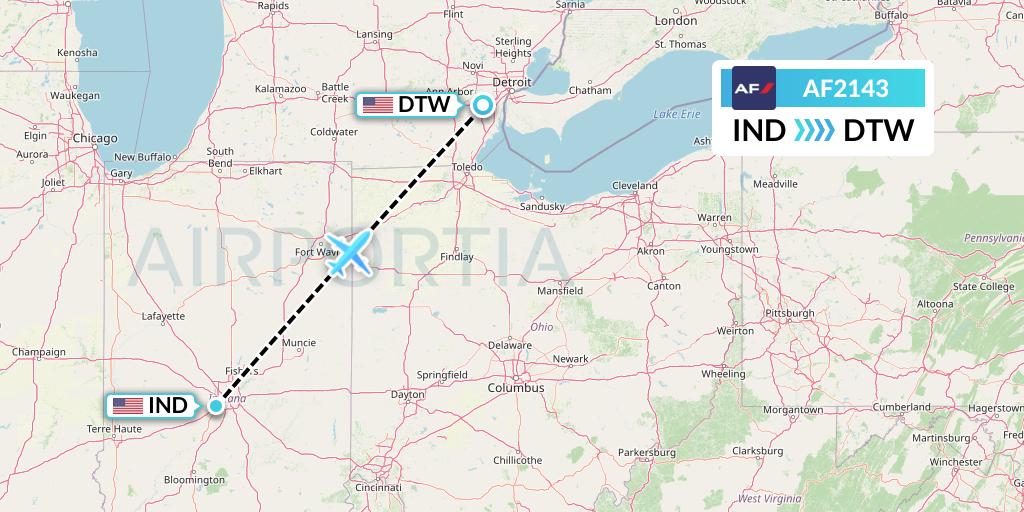 AF2143 Air France Flight Map: Indianapolis to Detroit