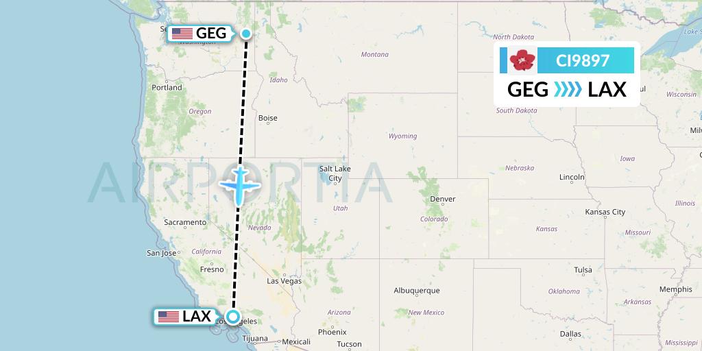 CI9897 China Airlines Flight Map: Spokane to Los Angeles