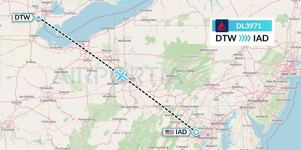 DL3971 Delta Air Lines Flight Map: Detroit to Washington