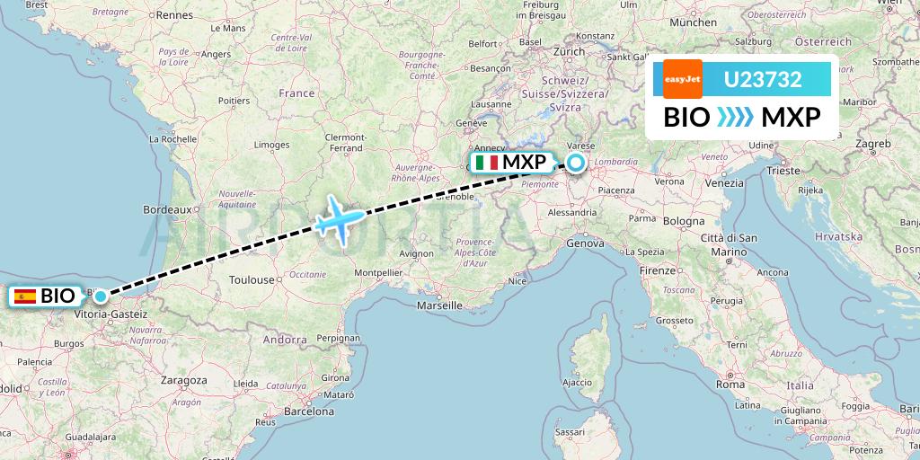 U23732 EasyJet Flight Map: Bilbao to Milan