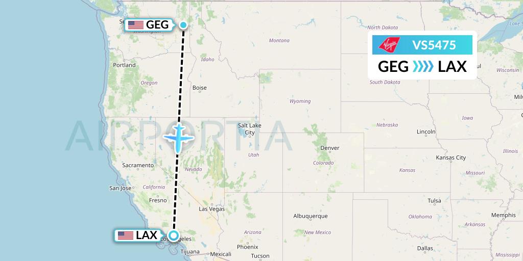 VS5475 Virgin Atlantic Airways Flight Map: Spokane to Los Angeles