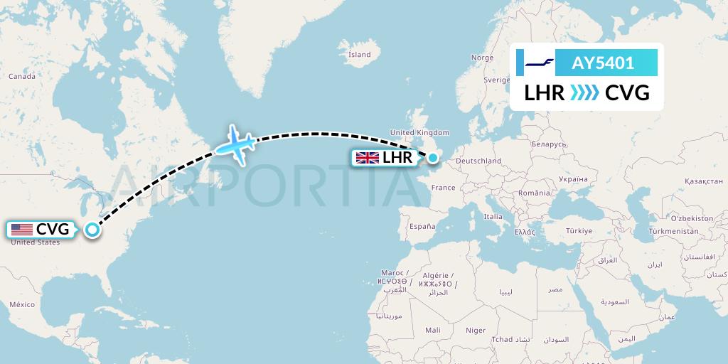 AY5401 Finnair Flight Map: London to Cincinnati