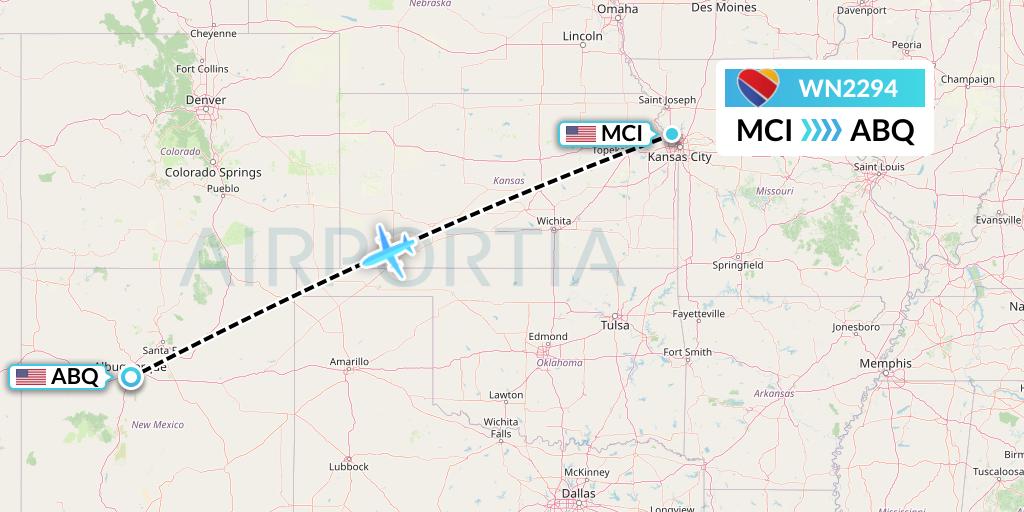 WN2294 Southwest Airlines Flight Map: Kansas City to Albuquerque
