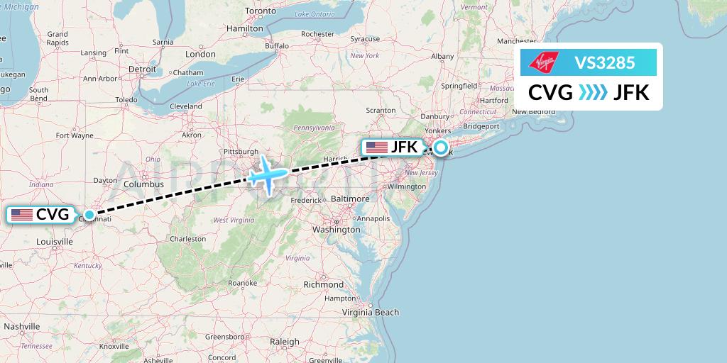 VS3285 Virgin Atlantic Airways Flight Map: Cincinnati to New York
