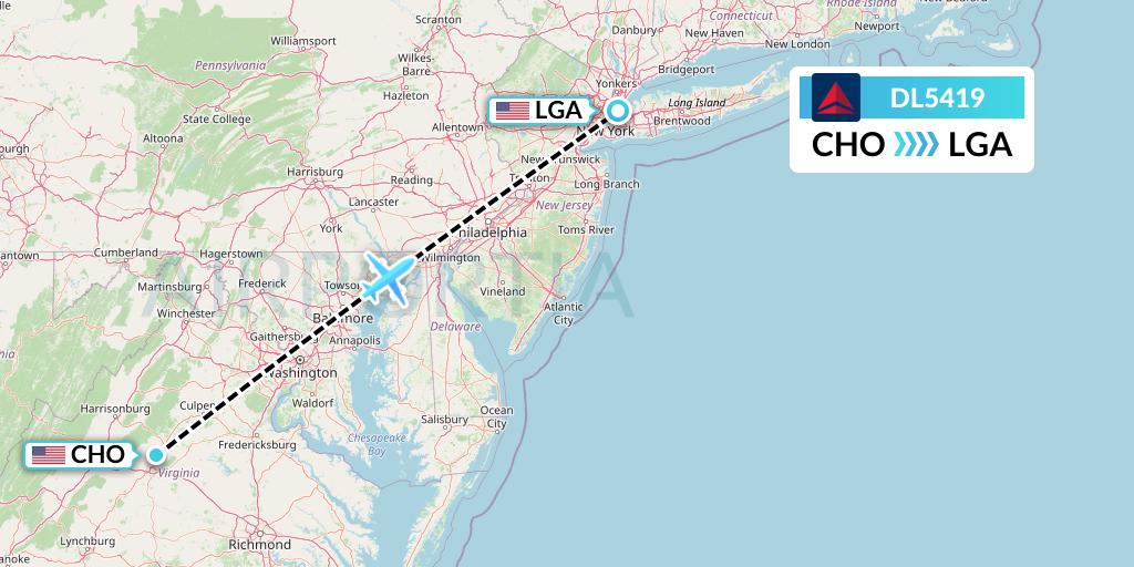 DL5419 Delta Air Lines Flight Map: Charlottesville to New York