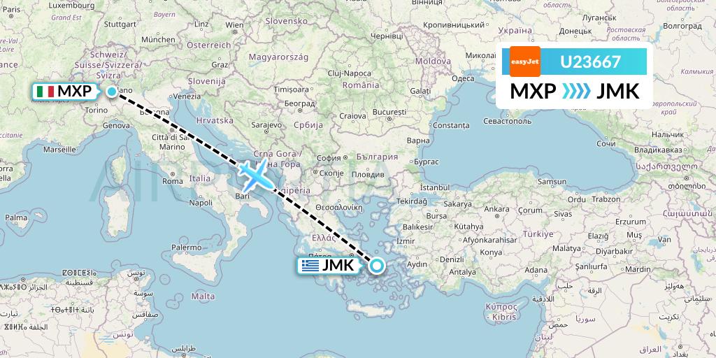 U23667 EasyJet Flight Map: Milan to Mykonos