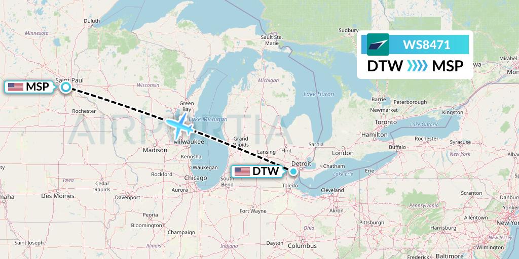 WS8471 WestJet Flight Map: Detroit to Minneapolis