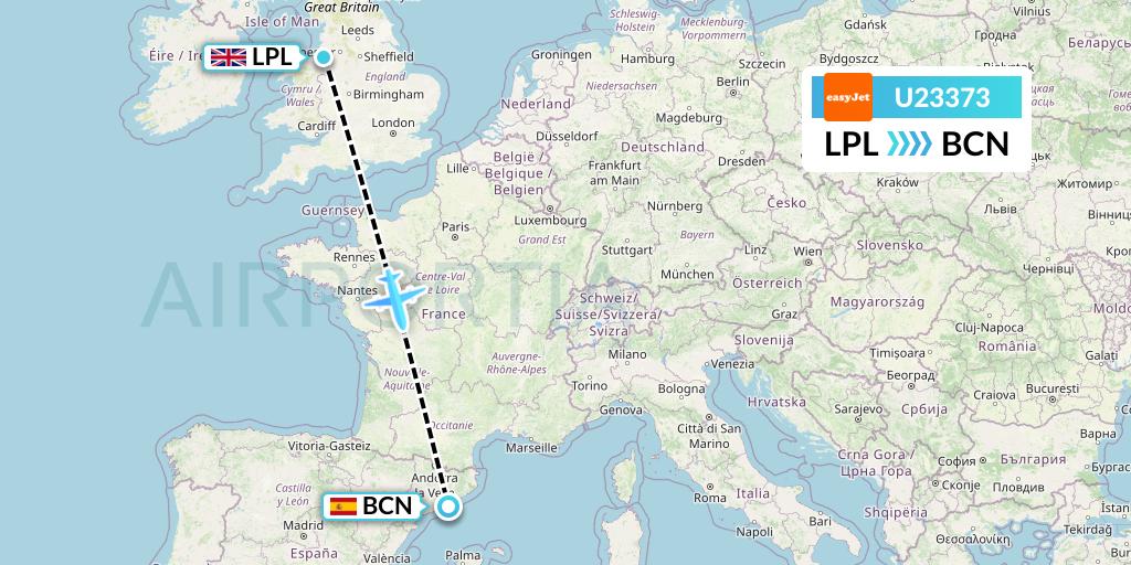 U23373 EasyJet Flight Map: Liverpool to Barcelona