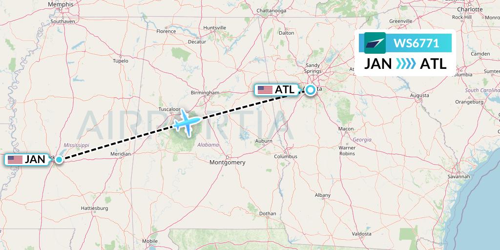 WS6771 WestJet Flight Map: Jackson to Atlanta