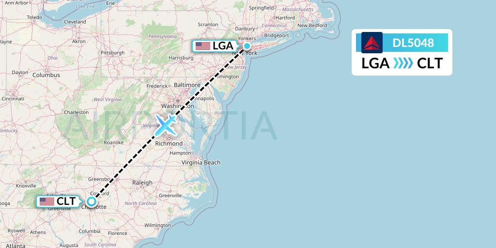 DL5048 Delta Air Lines Flight Map: New York to Charlotte