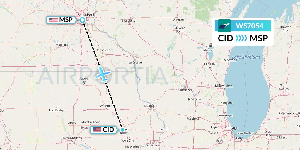 WS7054 WestJet Flight Map: Cedar Rapids to Minneapolis
