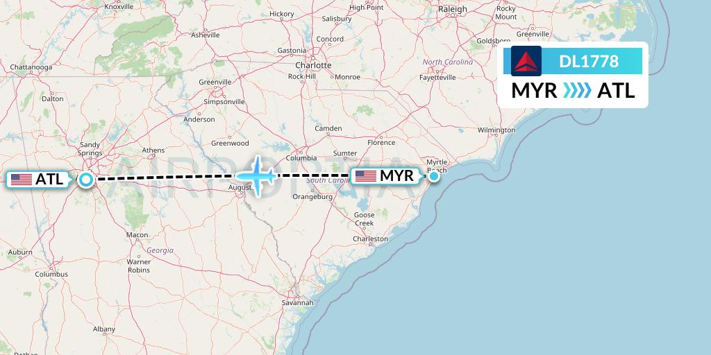 DL1778 Delta Air Lines Flight Map: Myrtle Beach to Atlanta