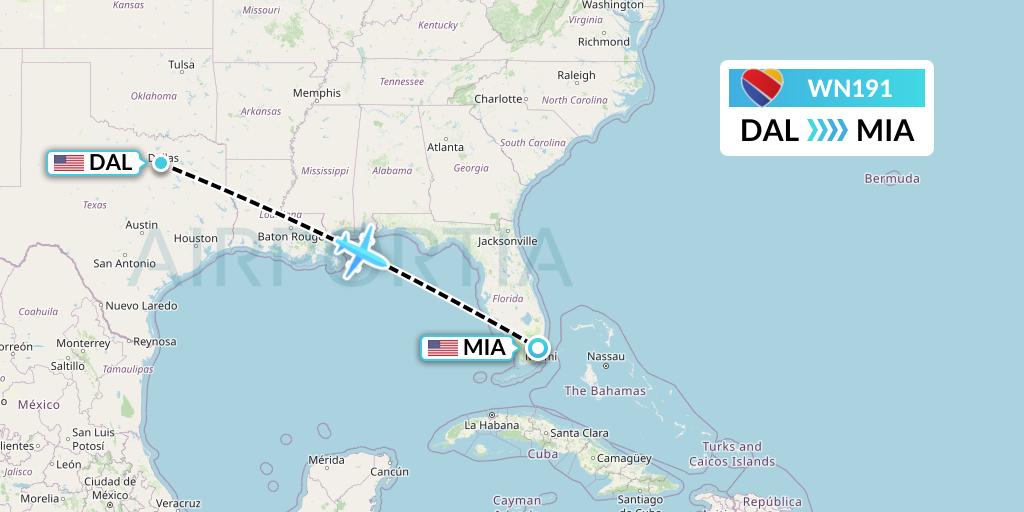 WN191 Southwest Airlines Flight Map: Dallas to Miami