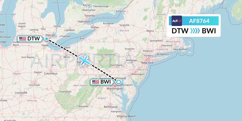 AF8764 Air France Flight Map: Detroit to Baltimore