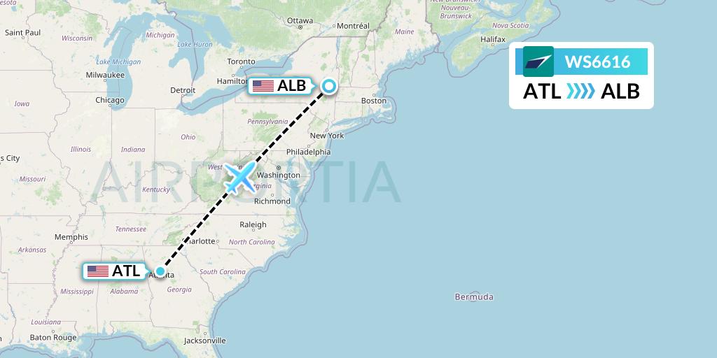 WS6616 WestJet Flight Map: Atlanta to Albany