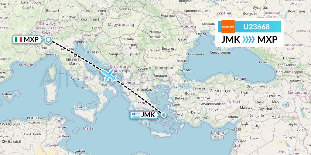 U23668 EasyJet Flight Map: Mykonos to Milan