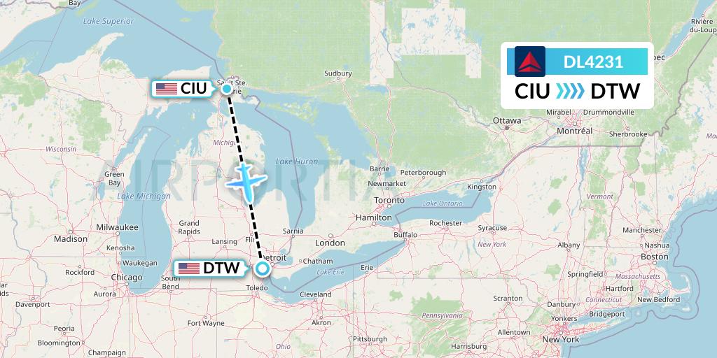 DL4231 Delta Air Lines Flight Map: Sault Sainte Marie to Detroit